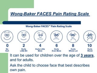 Baker FACES Pain Rating Scale-Wong
,years3It can be used for children over the age of
and for adults.
Ask the child to choose face that best describes
own pain.
 