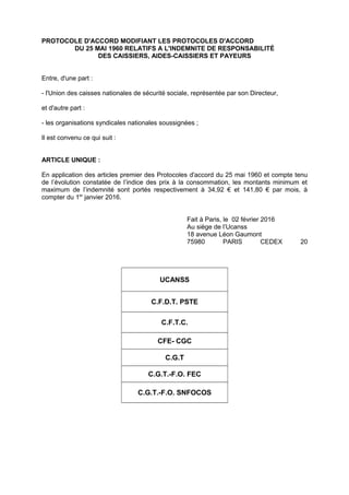 PROTOCOLE D'ACCORD MODIFIANT LES PROTOCOLES D'ACCORD
DU 25 MAI 1960 RELATIFS A L'INDEMNITE DE RESPONSABILITÉ
DES CAISSIERS...