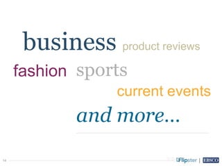 14
business
current events
fashion sports
product reviews
and more…
 