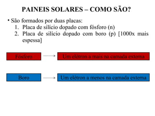 PAINEIS SOLARES – COMO SÃO?
• São formados por duas placas:
1. Placa de silício dopado com fósforo (n)
2. Placa de silício dopado com boro (p) [1000x mais
espessa]
Fósforo Um elétron a mais na camada externa
Boro Um elétron a menos na camada externa
 