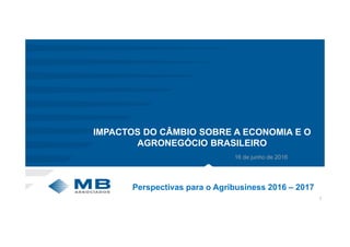 1
Perspectivas para o Agribusiness 2016 – 2017
IMPACTOS DO CÂMBIO SOBRE A ECONOMIA E O
AGRONEGÓCIO BRASILEIRO
16 de junho de 2016
 