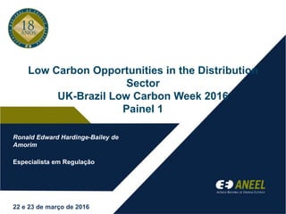 Low Carbon Opportunities in the Distribution
Sector
UK-Brazil Low Carbon Week 2016
Painel 1
22 e 23 de março de 2016
Ronald Edward Hardinge-Bailey de
Amorim
Especialista em Regulação
 