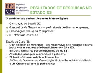 O caminho das pedras: Aspectos Metodológicos
Construção do Estudo (1):
a) 6 encontros de Grupos focais, profissionais de diversas empresas;
b) Observações diretas em 2 empresas;
c) 6 Entrevistas individuais.
Estudo de Caso (2):
- Uma empresa de mineração – BA responsável pela extração em uma
jazida e duas empresas de beneficiamento – BA e ES;
- Empresa familiar de pequeno porte no sul do ES;
- Atividades: serragem, resinamento e polimento;
- 20 funcionários (área de beneficiamento).
- Análise de Documentos, Observação direta e Entrevistas individuais
e um Grupo focal com os participantes.
RESULTADOS DE PESQUISAS NO
ESTADO ES
 