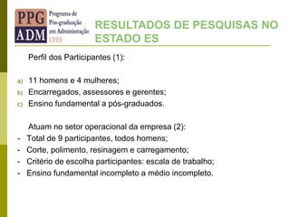 Perfil dos Participantes (1):
a) 11 homens e 4 mulheres;
b) Encarregados, assessores e gerentes;
c) Ensino fundamental a pós-graduados.
Atuam no setor operacional da empresa (2):
- Total de 9 participantes, todos homens;
- Corte, polimento, resinagem e carregamento;
- Critério de escolha participantes: escala de trabalho;
- Ensino fundamental incompleto a médio incompleto.
RESULTADOS DE PESQUISAS NO
ESTADO ES
 