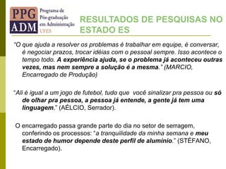 “O que ajuda a resolver os problemas é trabalhar em equipe, é conversar,
é negociar prazos, trocar idéias com o pessoal sempre. Isso acontece o
tempo todo. A experiência ajuda, se o problema já aconteceu outras
vezes, mas nem sempre a solução é a mesma.” (MARCIO,
Encarregado de Produção)
“Ali é igual a um jogo de futebol, tudo que você sinalizar pra pessoa ou só
de olhar pra pessoa, a pessoa já entende, a gente já tem uma
linguagem.” (AÉLCIO, Serrador).
O encarregado passa grande parte do dia no setor de serragem,
conferindo os processos: “a tranquilidade da minha semana e meu
estado de humor depende deste perfil de alumínio.” (STÉFANO,
Encarregado).
RESULTADOS DE PESQUISAS NO
ESTADO ES
 