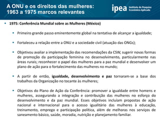  1975: Conferência Mundial sobre as Mulheres (México)
 Primeiro grande passo eminentemente global na tentativa de alcançar a igualdade;
 Fortaleceu a relação entre a ONU e a sociedade civil (atuação das ONGs);
 Objetivou avaliar a implementação das recomendações da CSW, sugerir novas formas
de promoção da participação feminina no desenvolvimento, particularmente nas
áreas rurais; reconhecer o papel das mulheres para a paz mundial e desenvolver um
plano de ação para o fortalecimento das mulheres no mundo;
 A partir de então, igualdade, desenvolvimento e paz tornaram-se a base dos
trabalhos da Organização no tocante às mulheres;
 Objetivos do Plano de Ação da Conferência: promover a igualdade entre homens e
mulheres, assegurando a integração e contribuição das mulheres no esforço do
desenvolvimento e da paz mundial. Esses objetivos incluíam propostas de ação
nacional e internacional para o acesso igualitário das mulheres à educação,
treinamento, emprego e participação política, além de melhoras nos serviços de
saneamento básico, saúde, moradia, nutrição e planejamento familiar.
A ONU e os direitos das mulheres:
1963 a 1975 marcos relevantes
 