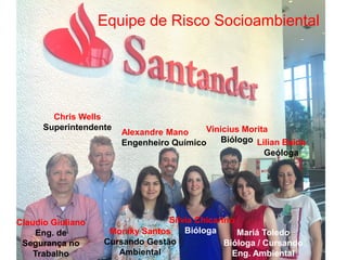 24
Equipe de Risco Socioambiental
Claudio Giuliano
Eng. de
Segurança no
Trabalho
Chris Wells
Superintendente
Alexandre Mano
Engenheiro Químico
Moniky Santos
Cursando Gestão
Ambiental
Vinicius Morita
Biólogo
Silvia Chicarino
Bióloga Mariá Toledo
Bióloga / Cursando
Eng. Ambiental
Lilian Baida
Geóloga
 
