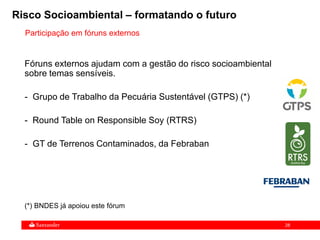28
Fóruns externos ajudam com a gestão do risco socioambiental
sobre temas sensíveis.
- Grupo de Trabalho da Pecuária Sustentável (GTPS) (*)
- Round Table on Responsible Soy (RTRS)
- GT de Terrenos Contaminados, da Febraban
(*) BNDES já apoiou este fórum
Risco Socioambiental – formatando o futuro
Participação em fóruns externos
 
