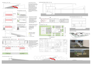 FACHADA SUL - ESC: 1/200                                                                                  DESENVOLVIMENTO FACHADAS                    CORTE LONGITUDINAL VOLUME - ESC: 1/100
                                                                                                           Buscando a permanência da força da
                                                                                                           forma a fachada é composta por grandes
                                                                                                           planos de vidro que o próprio volume
                                                                                                           estabelece ao longo do seu
                                                                                                           desenvolvimento. Entretanto
                                                                                                           as aberturas realizadas nas Fachadas
                                                                                                           Leste e Oeste buscam um jogo visual
                                                                                                           para o visitante no terraço ou no bar.
                                                                                                           Esses recortes além de fornecerem
                                                                                                           visibilidade, também garantem
                                                                                                           interessantes efeitos de luz e reforçam
                                                                        FACHADA OESTE - ESC: 1/200         ainda mais a idéia de movimento que a
                                                                                                           forma propõe.


                                             Laje Mezanino Bar
                                                       1/16 h




                                                                       CORTE/ FACHADA OESTE - ESC: 1/200    ESQUEMA MALHA TERRENO                                                                                                                                                                                                                                    CORTE TRANSVERSAL VOLUME - ESC: 1/100
                                                                                                            A implantação do terreno leva em                                            RUA CERRO AZUL                                                     RUA CERRO AZUL

                                            Laje Mezanino Biblioteca                                        conta as principais visuais obtidas,                                                                                                                                                                                RUA CERRO AZUL



                                                      1/16 h                                                o posicionamento do centro de
                                                                                                            maneira a acompanhar




                                                                                                                                                              RUA EMÍLIO ESTEVES




                                                                                                                                                                                                                    RUA EMÍLIO ESTEVES




                                                                                                                                                                                                                                                                                 RUA EMÍLIO ESTEVES
                                                                                                            o desenho do próprio terreno e a
                                                                                                            criação de diversos caminhos que
                                                                                                            conectam toda a praça feitos com
                                                                                                            base na malha ao lado.


                                                                       FACHADA LESTE - ESC: 1/200          ZONEAMENTO IMPLANTAÇÃO                      IMPLANTAÇÃO - ESC: 1/500
                                                    1/16 h                                                 1. PISTA PARA CAMINHADA / VESTIÁRIOS
                                                                                                           2. QUADRA POLIESPORTIVA
                                                                                                                                                                                                                                                                            6.
                                                                                                           3. ACADEMIA AO AR LIVRE




                                                                                                                                                                                                                                                                                                                                            RUA EMÍLIO ESTEVES
                                                                                                           4. ZONA CRIANÇAS (PLAY)                                                                                                                                                                                         7.
                                          Laje intermediária
                                                                                                           5. ZONA DE CONVIVÊNCIA
                                                                                                           6. SKATE
                                                                                                           7. BICICLETÁRIO
                                                                                                                                                         1.                        2.                    3.   4.                         5.

                                                                                                                                                                                                                                                                                                                                                                     PERSPECTIVA EXTERNA
          1/16 y


                                                                                                            MOBILIÁRIO URBANO
                                                                                                                PONTOS DE ILUMINAÇÃO
                                                                                                                BANCOS
                                                                                                                                                                                                                                                                                                                                                  N
                                                                                                                ÁRVORES

                                                                                                                VEGETAÇÃO RASTEIRA

 FACHADA NORTE - ESC: 1/200                                                                                                                                                                                        RUA CERRO AZUL

                                                                                                                                                       PLANTA DE LOCALIZAÇÃO - ESC: 1/1000
 PLANTA BAIXA VESTIÁRIOS - RAMPA - ESC: 1/200                                LINHAS MALHA TERRENO                                                                                                                                                                                                                                                                     PERSPECTIVAS INTERNAS BAR/CAFÉ


                                                                                                           Relações da forma com o terreno também
                                                                                                           foram estabelecidas através da criação de
                                                                                                           um desnível (rampa) o qual remete a




                                                                                                                                                                                                                                                                                                      RUA EMÍLIO ESTEVES
                                                                                                           inclinação de fachada do volume.
                                                                                                           Esse desnível funciona como uma pista de
                                                                                                           caminhada, além disso o espaço delimitado
            1/12                                                               1/12                        por ele abriga vestiários, banheiros e
                                                                                                           armários que acabam por apoiar a zona de
                     3X                                                                3X
                                                                                                           esportes e lazer
                                                                                                           que se encontra próxima ao espaço.
 FACHADA LESTE / PRINCIPAL - RAMPA - ESC: 1/200                             LINHAS MALHA TERRENO
                                                                                                                          1/16 h
                                                                                                                                                                                                                                              RUA CERRO AZUL


           1/12                                                               1/12


                   3x                                                                  3x

                                                                                                                                                                                                                                                                                                                                                                 N




CORTE LONGITUDINAL TERRENO - ESC: 1/200
 