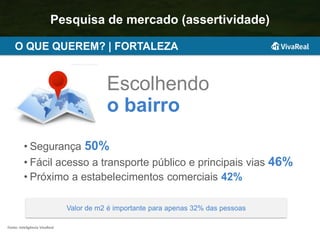 • Segurança 50%
• Fácil acesso a transporte público e principais vias 46%
• Próximo a estabelecimentos comerciais 42%
Escolhendo
o bairro
Valor de m2 é importante para apenas 32% das pessoas
O QUE QUEREM? | FORTALEZA
Fonte: Inteligência VivaReal
Pesquisa de mercado (assertividade)
 
