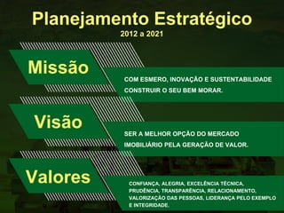 Missão
Visão
Valores
COM ESMERO, INOVAÇÃO E SUSTENTABILIDADE
CONSTRUIR O SEU BEM MORAR.
SER A MELHOR OPÇÃO DO MERCADO
IMOBILIÁRIO PELA GERAÇÃO DE VALOR.
CONFIANÇA, ALEGRIA, EXCELÊNCIA TÉCNICA,
PRUDÊNCIA, TRANSPARÊNCIA, RELACIONAMENTO,
VALORIZAÇÃO DAS PESSOAS, LIDERANÇA PELO EXEMPLO
E INTEGRIDADE.
Planejamento Estratégico
2012 a 2021
 