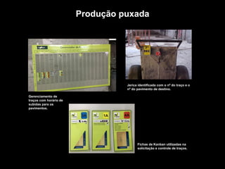 TROQUE O METRO QUADRADO
PELO
METRO PENSADO.
Jerica identificada com o nº do traço e o
nº do pavimento de destino.
Fichas de Kanban utilizadas na
solicitação e controle de traços.
Gerenciamento de
traços com horário de
subidas para os
pavimentos.
Produção puxada
 
