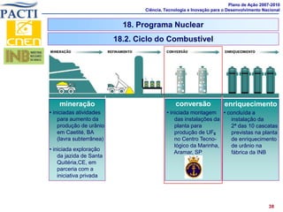 Plano de Ação 2007-2010
                                  Ciência, Tecnologia e Inovação para o Desenvolvimento Nacional


                            18. Programa Nuclear
                          18.2. Ciclo do Combustível




    mineração                                  conversão              enriquecimento
• iniciadas atividades                     • iniciada montagem • concluída a
    para aumento da                            das instalações da instalação da
    produção de urânio                         planta para        2ª das 10 cascatas
    em Caetité, BA                             produção de UF6    previstas na planta
    (lavra subterrânea)                        no Centro Tecno-   de enriquecimento
                                               lógico da Marinha, de urânio na
• iniciada exploração
                                               Aramar, SP         fábrica da INB
    da jazida de Santa
    Quitéria,CE, em
    parceria com a
    iniciativa privada




                                                                                          38
 