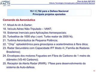 Plano de Ação 2007-2010
                                      Ciência, Tecnologia e Inovação para o Desenvolvimento Nacional




                      19.1 C,T&I para a Defesa Nacional
                        Principais projetos apoiados

Comando da Aeronáutica
17. Míssil Ar-Ar A-Darter;
18. Veículo Aéreo Não-Tripulado – VANT;
19. Sistemas Inerciais para Aplicações Aeroespaciais;
20. Turboélice de 1000 shp ( cont. Turbo reator de 3500 N);
21. Turbina Aeronáutica de Pequena Potência;
22. “Chip” optoeletrônico para giroscópios e acelerômetros à fibra ótica;
23. Radar Secundário com Capacidade IFF Modo 4 ( Família de Radares
   Brasileiros);
24. Envelopes dos motores Foguetes em Fibra de Carbono de 1 metro de
   diâmetro (VS-40 Carbono);
25. Receptor de Alerta Radar (RWR); 1ªfase para desenvolvimento do
   sistema de Auto-defesa.
                                                                                                 42
 