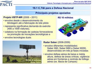 Plano de Ação 2007-2010
                                         Ciência, Tecnologia e Inovação para o Desenvolvimento Nacional


                           19.1 C,T&I para a Defesa Nacional
                             Principais projetos apoiados
Projeto VBTP-MR (2008 – 2011)                          R$ 10 milhões
• envolve desde o desenvolvimento da
    blindagem até a fabricação do lote piloto
• representa significativa demanda do exército
    (400 a 1000 viaturas),
• colabora na formação de cadeias fornecedoras
    na promoção de inovações tecnológicas e
• envolve tecnologias duais

                                     Radar Saber (2006-2009)
                                     • envolve diferentes modalidades:
                                         Saber X60, Saber M60 e Saber M200,
                                         desenvolvidos em três já fases iniciadas
                                    • envolve defesa aérea de baixa e média
                                        altura, defesa de áreas críticas, vigilância
                    R$ 45,8 milhões
                                        aérea em fronteiras e controle de tráfego
                        Radar Saber     aéreo (ex. Bacia de Campos)

                                                                                                    44
 