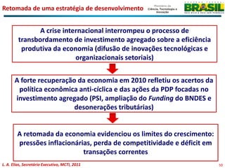 Retomada de uma estratégia de desenvolvimento


                A crise internacional interrompeu o processo de
         transbordamento de investimento agregado sobre a eficiência
          produtiva da economia (difusão de inovações tecnológicas e
                            organizacionais setoriais)


       A forte recuperação da economia em 2010 refletiu os acertos da
        política econômica anti-cíclica e das ações da PDP focadas no
       investimento agregado (PSI, ampliação do Funding do BNDES e
                          desonerações tributárias)


        A retomada da economia evidenciou os limites do crescimento:
        pressões inflacionárias, perda de competitividade e déficit em
                             transações correntes
L. A. Elias, Secretário Executivo, MCTI, 2011                            50
 