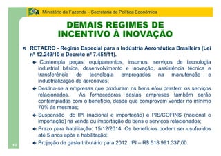 Ministério da Fazenda Secretaria de Política Econômica


                       DEMAIS REGIMES DE
                     INCENTIVO À INOVAÇÃO
     ë   RETAERO - Regime Especial para a Indústria Aeronáutica Brasileira (Lei
         nº 12.249/10 e Decreto nº 7.451/11).
          ç Contempla peças, equipamentos, insumos, serviços de tecnologia
             industrial básica, desenvolvimento e inovação, assistência técnica e
             transferência de tecnologia empregados na manutenção e
             industrialização de aeronaves;
          ç Destina-se a empresas que produzam os bens e/ou prestem os serviços
             relacionados.     As fornecedoras destas empresas também serão
             contempladas com o benefício, desde que comprovem vender no mínimo
             70% às mesmas;
          ç Suspensão do IPI (nacional e importação) e PIS/COFINS (nacional e
             importação) na venda ou importação de bens e serviços relacionados;
          ç Prazo para habilitação: 15/12/2014. Os benefícios podem ser usufruídos
             até 5 anos após a habilitação;
          ç Projeção de gasto tributário para 2012: IPI R$ 518.991.337,00.
10
 