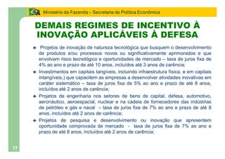 Ministério da Fazenda Secretaria de Política Econômica


     DEMAIS REGIMES DE INCENTIVO À
     INOVAÇÃO APLICÁVEIS À DEFESA
     ç    Projetos de inovação de natureza tecnológica que busquem o desenvolvimento
         de produtos e/ou processos novos ou significativamente aprimorados e que
         envolvam risco tecnológico e oportunidades de mercado taxa de juros fixa de
         4% ao ano e prazo de até 10 anos, incluídos até 3 anos de carência;
     ç   Investimentos em capitais tangíveis, incluindo infraestrutura física, e em capitais
         intangíveis,) que capacitem as empresas a desenvolver atividades inovativas em
         caráter sistemático taxa de juros fixa de 5% ao ano e prazo de até 8 anos,
         incluídos até 2 anos de carência;
     ç   Projetos de engenharia nos setores de bens de capital, defesa, automotivo,
         aeronáutico, aeroespacial, nuclear e na cadeia de fornecedores das indústrias
         de petróleo e gás e naval     taxa de juros fixa de 7% ao ano e prazo de até 8
         anos, incluídos até 2 anos de carência;
     ç   Projetos de pesquisa e desenvolvimento ou inovação que apresentem
         oportunidade comprovada de mercado - taxa de juros fixa de 7% ao ano e
         prazo de até 8 anos, incluídos até 2 anos de carência;


13
 