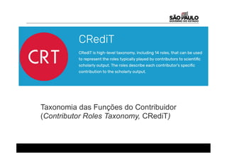 Taxonomia das Funções do Contribuidor
(Contributor Roles Taxonomy, CRediT)
 
