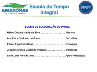 EQUIPE DE ELABORAÇÃO DO PAINEL

Hellen Cristina Maciel da Silva…………………………...Gestora

Ana Alzira Gualberto de Souza…………………………..Secretária

Eliezer Figueiredo Rego…………………………….…….Pedagogo

Jessiane Andrea Gualberto Prazeres…………….……...Pedagoga

Lânia Lane Nery de Lima…………………………………Apoio Pedagógico
 