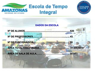 DADOS DA ESCOLA

Nº DE ALUNOS….................................................................620

Nº DE PROFESSORES……………….………………........... 43

Nº DE FUNCIONÁRIOS…………………………………........ 20

ÁREA TOTAL CONSTRUÍDA………………………………... 31.455,40 m²

ÁREA DE SALA DE AULA……………………………..……. 54 m²
 