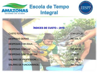 ÍNDICES DE CUSTO – 2010

CUSTO TOTAL……………………………………………………..….1.141.271,20

DESPESAS GERAIS………………………………………………….760.936,73

DESPESAS COM ÁGUA………………………………………………0

DESPESAS COM LUZ………………………………………………..137.257,36

DESPESAS COM TELEFONE………………………………...….....1.732,57

SALÁRIO DE PROFESSORES………………………………..…….458.746,80

SALÁRIO DE FUNCIONÁRIOS………………………….…………..163.200,00
 