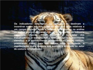 Os indicadores detectados na pesquisa se destinam a incentivar novos estudos, a fim de descobrir fatos relativos a um campo bastante dúbio e reforçar os conceitos na análise da melhor postura de trabalho no setor de costura da indústria calçadista, visando maior conforto e bem-estar dos trabalhadores. O trabalho busca avançar com o conhecimento científico e o conhecimento proveniente do senso comum, procurando trazer, para um debate mais consistente, a manifestação direta daquele que executa a atividade no setor de costura: o trabalhador. 