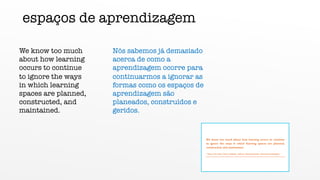 We know too much
about how learning
occurs to continue
to ignore the ways
in which learning
spaces are planned,
constructed, and
maintained.
Nós sabemos já demasiado
acerca de como a
aprendizagem ocorre para
continuarmos a ignorar as
formas como os espaços de
aprendizagem são
planeados, construídos e
geridos.
espaços de aprendizagem
 