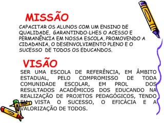 MISSÃO CAPACITAR OS ALUNOS COM UM ENSINO DE QUALIDADE,  GARANTINDO-LHES O ACESSO E PERMANÊNCIA EM NOSSA ESCOLA, PROMOVENDO A  CIDADANIA, O DESENVOLVIMENTO PLENO E O SUCESSO  DE TODOS OS EDUCANDOS. VISÃO SER UMA ESCOLA DE REFERÊNCIA, EM ÂMBITO ESTADUAL, PELO COMPROMISSO DE TODA COMUNIDADE ESCOLAR, EM PROL  DOS RESULTADOS ACADÊMICOS DOS EDUCANDO NA REALIZAÇÃO DE PROJETOS PEDAGÓGICOS, TENDO EM VISTA O SUCESSO, O EFICÁCIA E A VALORIZAÇÃO DE TODOS . 