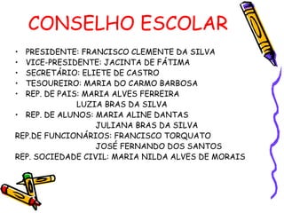 CONSELHO ESCOLAR PRESIDENTE: FRANCISCO CLEMENTE DA SILVA  VICE-PRESIDENTE: JACINTA DE FÁTIMA SECRETÁRIO: ELIETE DE CASTRO TESOUREIRO: MARIA DO CARMO BARBOSA REP. DE PAIS: MARIA ALVES FERREIRA  LUZIA BRAS DA SILVA REP. DE ALUNOS: MARIA ALINE DANTAS JULIANA BRAS DA SILVA REP.DE FUNCIONÁRIOS: FRANCISCO TORQUATO  JOSÉ FERNANDO DOS SANTOS REP. SOCIEDADE CIVIL: MARIA NILDA ALVES DE MORAIS 