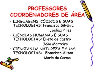 PROFESSORES COORDENADORES DE ÁREA LINGUAGENS, CÓDICOS E SUAS TECNOLOGIAS: Francisca Silvânia Joelma Pires CIENCIAS HUMANAS E SUAS TECNOLOGIAS: Eliete de Castro João Monteiro CIENCIAS DA NATUREZA E SUAS TECNOLOGIAS:  Francisco Ailton Maria do Carmo 