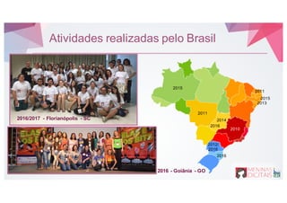 2010
2011
2012/
2016
2013
2014
2015
2011
2016
2016
2016/2017 - Florianópolis - SC
2016 - Goiânia - GO
2015
Atividades realizadas pelo Brasil
 