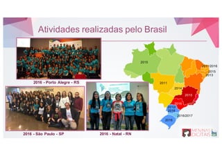 2016 - Porto Alegre - RS
2016 - São Paulo - SP
2010
2011/2016
2012/
2016
2013
2014
2015
2011
2016/2017
2016
2016
2016 - Natal - RN
2015
Atividades realizadas pelo Brasil
 