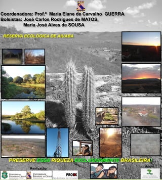 Coordenadora: Prof.ª Maria Elane de Carvalho GUERRA
Bolsistas: José Carlos Rodrigues de MATOS,
           Maria José Alves de SOUSA

 RESERVA ECOLÓGICA DE AIUABA




   PRESERVE ESSA RIQUEZA EXCLUSIVAMENTE BRASILEIRA!
                                                      Apoio
            Realização
 