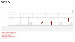 -0,54
0,00
-0,90 c
cor
corte A
1- bancada da portaria em madeira pinus e mdf
2- cobertura existente do prédio (antigo reservatório)
3- escada metálica
4- degraus embutidos na arquibancada
5- estrutura dupla em mdf preto
6- bancada café em mdf preto e madeira pinus
7- armário aéreo em madeira pinus
8- bancada e cadeira com estrutura metálica e tampo em madeira pinus
9- pé direito de 3,10m
2
1 3
4
5
6
7
8
9
 
