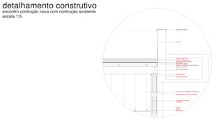 detalhamento construtivo
encontro contrução nova com contrução existente
escala 1:5
algeroza metálica
reboco
isolamento térmico
manta asfáltica tyvek
camada de regularização
painel wall
cantoneira metálica
estrutura metálica de sustentação do
painel wall 9x4cm
viga metálica perfil I
perfil U de aço
isolamento térmico
fixação do forro de gesso acartonado
passagem de canos e eletrodutos
revestimento de placa
cimentícia
forro de
gesso
acartonado
 