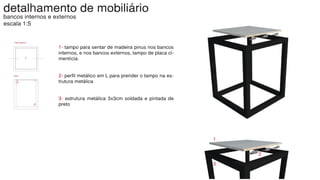 detalhamento de mobiliário
bancos internos e externos
escala 1:5
1
2
3
1
2
3
1- tampo para sentar de madeira pinus nos bancos
internos, e nos bancos externos, tampo de placa ci-
mentícia.
2- perfil metálico em L para prender o tampo na es-
trutura metálica
3- estrutura metálica 3x3cm soldada e pintada de
preto
vista superior
corte
 