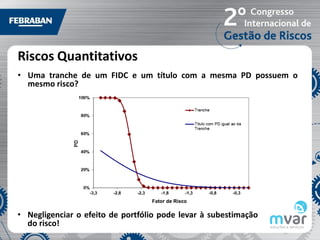 Riscos Quantitativos
• Uma tranche de um FIDC e um título com a mesma PD possuem o
  mesmo risco?




• Negligenciar o efeito de portfólio pode levar à subestimação
  do risco!
 