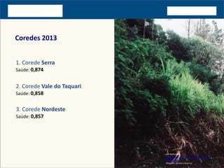 Coredes 2013
1. Corede Serra
Saúde: 0,874
2. Corede Vale do Taquari
Saúde: 0,858
3. Corede Nordeste
Saúde: 0,857
Jeff Belmonte
https://www.flickr.com/photos/jeffbelmon
te/90014135/
Alterado: [preto e branco]
 
