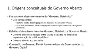 1. Origens conceituais do Governo Aberto 
• Em paralelo: desenvolvimento do “Governo Eletrônico” 
• Dois componentes: 
• I) Oferta estatal de serviços públicos mediante mecanismos virtuais 
• II) Utilização intensiva de tecnologia para racionalização e desburocratização de 
processos 
• Relativo distanciamento entre Governo Eletrônico e Governo Aberto 
• Governo eletrônico: relação entre Estado e cidadão no âmbito da 
implementação de políticas públicas 
• Governo aberto: accountability 
• Conversão do Governo Eletrônico como item de Governo Aberto: 
Governo Digital 
 