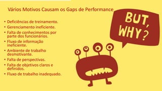 Vários Motivos Causam os Gaps de Performance 
•Deficiências de treinamento. 
•Gerenciamento ineficiente. 
•Falta de conhecimentos por parte dos funcionários. 
•Fluxo de informação ineficiente. 
•Ambiente de trabalho desmotivante. 
•Falta de perspectivas. 
•Falta de objetivos claros e definidos. 
•Fluxo de trabalho inadequado.  
