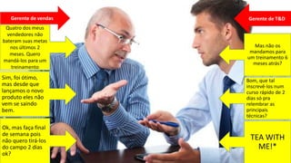 Gerente de vendas 
Gerente de T&D 
Quatro dos meus vendedores não bateram suas metas nos últimos 2 meses. Quero mandá-los para um treinamento 
Mas não os mandamos para um treinamento 6 meses atrás? 
Sim, foi ótimo, mas desde que lançamos o novo produto eles não vem se saindo bem. 
Bom, que tal inscrevê-los num curso rápido de 2 dias só pra relembrar as principais técnicas? 
Ok, mas faça final de semana pois não quero tirá-los do campo 2 dias ok? 
TEA WITH ME!*  