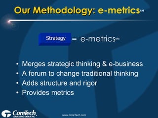 Our Methodology:  e-metrics SM Merges strategic thinking & e-business A forum to change traditional thinking Adds structure and rigor Provides metrics =  e-metrics SM Strategy 