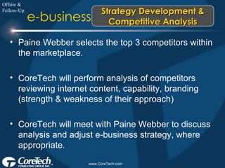 Strategy Development & Competitive Analysis e-business Offsite & Follow-Up Paine Webber selects the top 3 competitors within the marketplace. CoreTech will perform analysis of competitors reviewing internet content, capability, branding (strength & weakness of their approach) CoreTech will meet with Paine Webber to discuss analysis and adjust e-business strategy, where appropriate. 