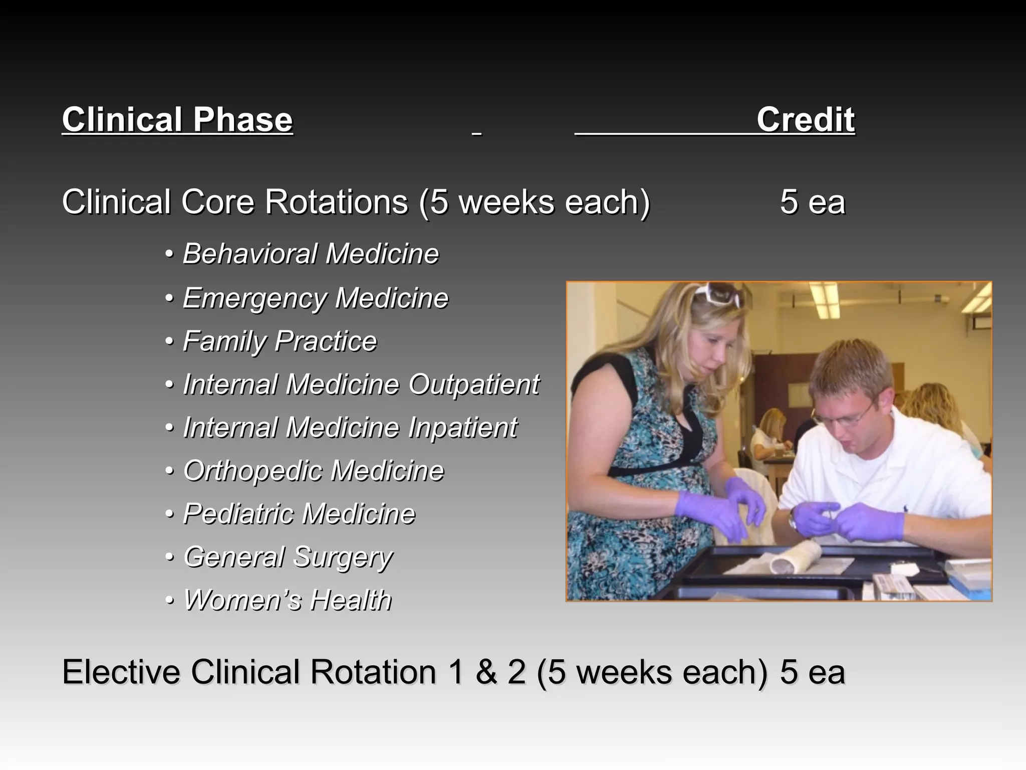Clinical Phase     Credit Clinical Core Rotations (5 weeks each) 5 ea •  Behavioral Medicine •  Emergency Medicine •  Family Practice •  Internal Medicine Outpatient •  Internal Medicine Inpatient •  Orthopedic Medicine •  Pediatric Medicine •  General Surgery •  Women’s Health Elective Clinical Rotation 1 & 2 (5 weeks each)  5 ea 