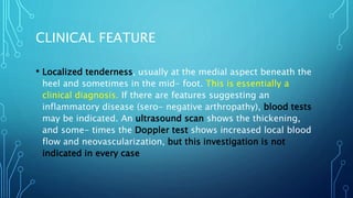 CLINICAL FEATURE
• Localized tenderness, usually at the medial aspect beneath the
heel and sometimes in the mid- foot. This is essentially a
clinical diagnosis. If there are features suggesting an
inflammatory disease (sero- negative arthropathy), blood tests
may be indicated. An ultrasound scan shows the thickening,
and some- times the Doppler test shows increased local blood
flow and neovascularization, but this investigation is not
indicated in every case
 