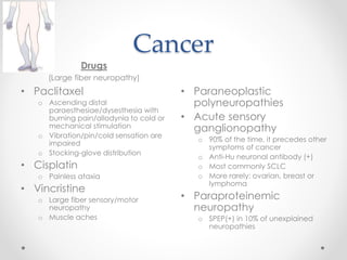 Cancer 
Drugs 
(Large fiber neuropathy) 
• Paclitaxel 
o Ascending distal 
paraesthesiae/dysesthesia with 
burning pain/allodynia to cold or 
mechanical stimulation 
o Vibration/pin/cold sensation are 
impaired 
o Stocking-glove distribution 
• Cisplatin 
o Painless ataxia 
• Vincristine 
o Large fiber sensory/motor 
neuropathy 
o Muscle aches 
• Paraneoplastic 
polyneuropathies 
• Acute sensory 
ganglionopathy 
o 90% of the time, it precedes other 
symptoms of cancer 
o Anti-Hu neuronal antibody (+) 
o Most commonly SCLC 
o More rarely: ovarian, breast or 
lymphoma 
• Paraproteinemic 
neuropathy 
o SPEP(+) in 10% of unexplained 
neuropathies 
 