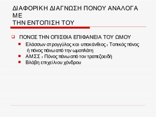 ΔΙ ΑΦΟΡΙ Κ Η ΔΙ ΑΓΝΩΣΗ ΠΟΝΟΥ ΑΝΑΛΟΓΑ
ΜΕ
ΤΗΝ ΕΝΤΟΠΙ ΣΗ ΤΟΥ

   ΠΟΝΟΣ ΤΗΝ ΟΠΙΣΘΙΑ ΕΠΙΦΑΝΕΙΑ ΤΟΥ ΩΜΟΥ
     Ελάσσων στρογγύλος και υπακάνθιος : Τοπικός πόνος
      ή πόνος πάνω από την ωμοπλάτη
     ΑΜ ΣΣ : Πόνος πάνω από τον τραπεζοειδή
     Βλάβη επιχείλιου χόνδρου
 