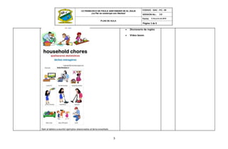 Página 3 de 5
3
6 de junio de 2019
2.0
Salir al tablero a escribir ejemplos relacionados al tema enseñado
 Diccionario de inglés
 Video beam.
 