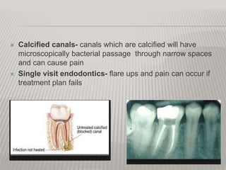  Calcified canals- canals which are calcified will have
microscopically bacterial passage through narrow spaces
and can cause pain
 Single visit endodontics- flare ups and pain can occur if
treatment plan fails
 